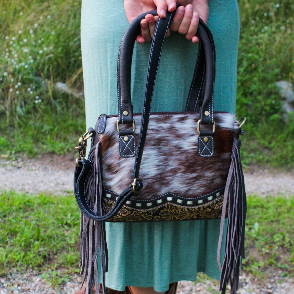 Genuine Grey Leather and Fringe Crossbody Bag with Cow Hair on Hide